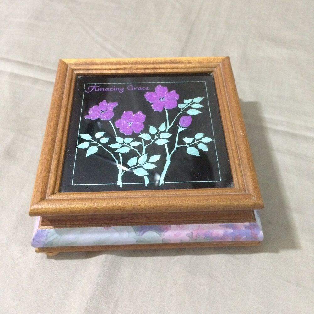 Vintage P Graham Dunn Amazing Grace Wood Music Box Painted Floral Glass Lid